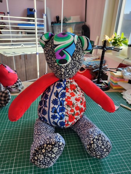 Memory bear made of fabrics from a passed away person.